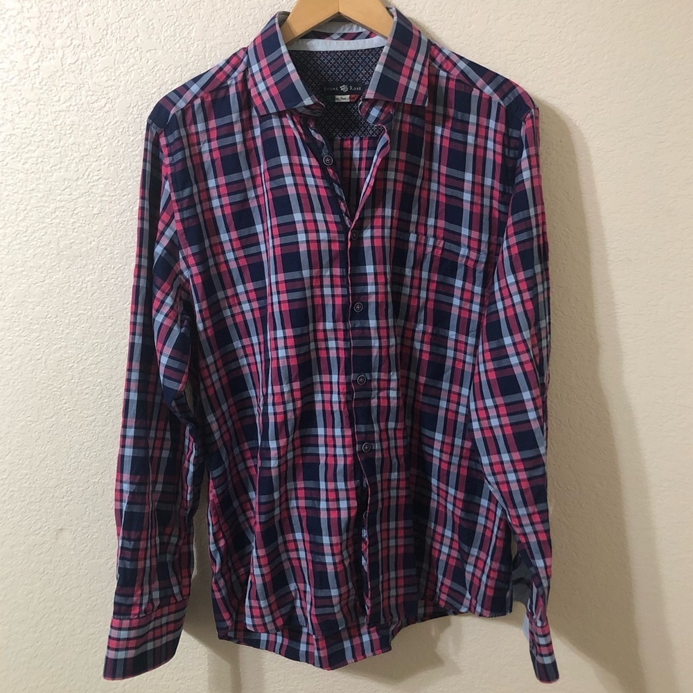 Stone Rose Mens Plaid Button Down Cotton Shirt Blue & Pink - Size 5 or XL